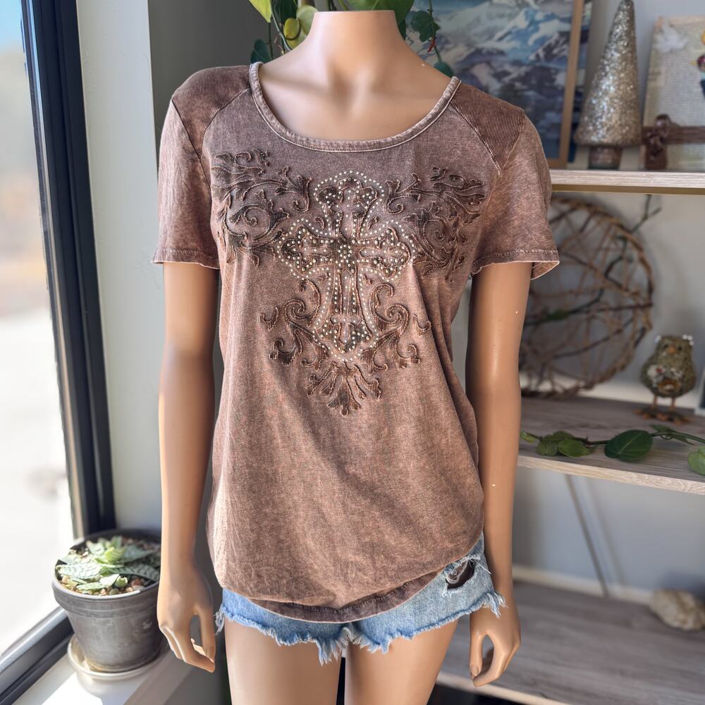Daytrip Buckle Y2K Embellished Cross Graphic Tee Brown Acid Wash Distressed - XL